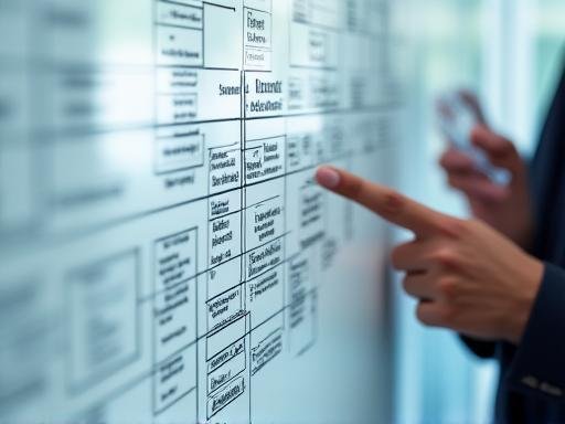 Consultant pointing at a strategic whiteboard plan